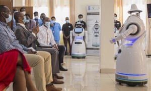 One of the robots donated by the UN introduces itself in Kigali, capital of Rwanda