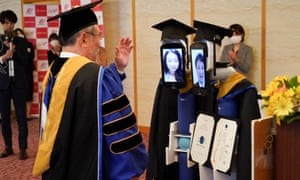 Robots replace graduating students at a ceremony in Tokyo.